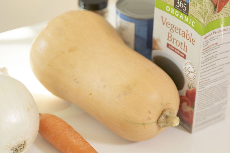 Best butternut squash variety next to ingredients for a healthy vegan butternut squash soup recipe